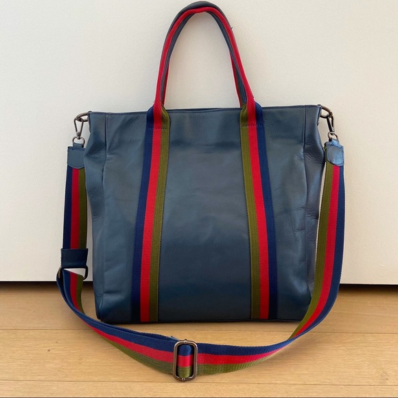 Minelli Handbags - Navy Blue Leather Tote with Striped Strap Detail